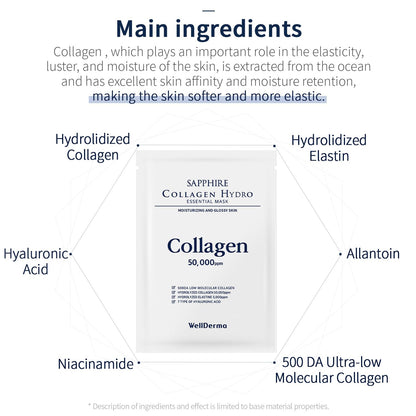 Sapphire Collagen Hydro Essential Mask, 10 Sheets – Moisturizing & Soothing Sheet Mask with Collagen & Ceramide, 1.01 Fl.Oz (30Ml) X 10Ea